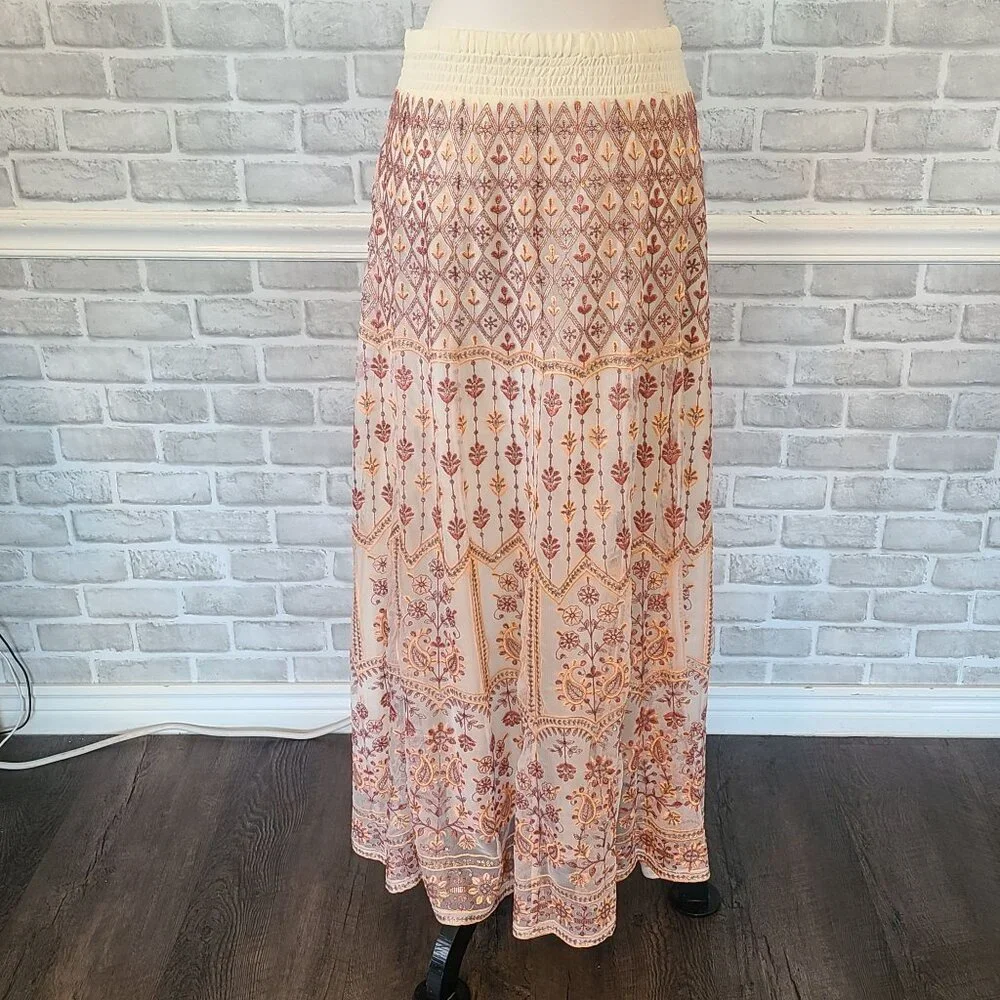 Soft Surroundings Inez Metallic Embroidered Maxi Skirt Coral NEW Boho Chic Large - Picture 9 of 9